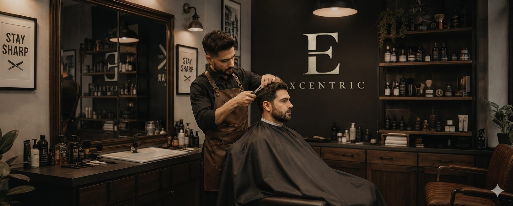 Barbero cortando el cabello a un cliente frente al logo de Excentric