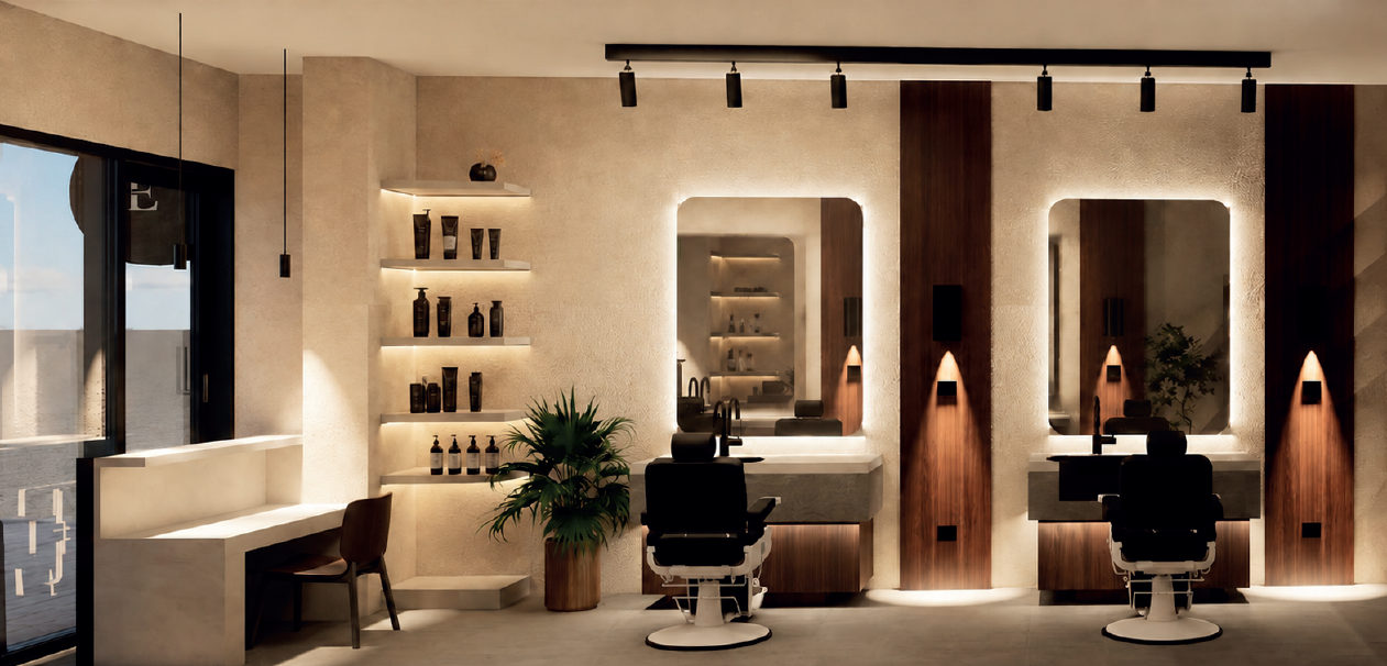 Recepción de Excentric Barbería con mostrador iluminado y monograma E