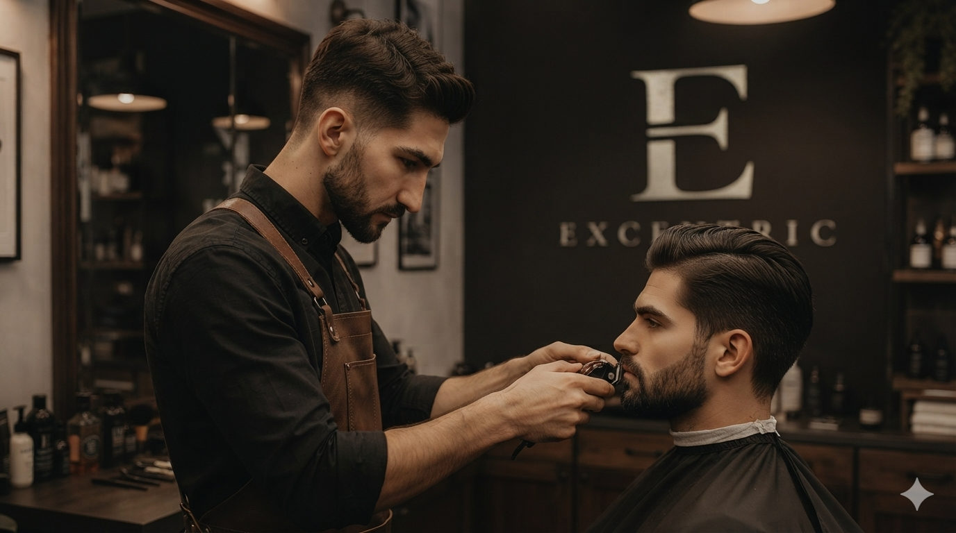 Barbero perfilando la barba de un cliente con máquina