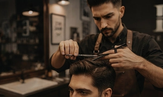 Barbero trabajando un corte con tijera y peine